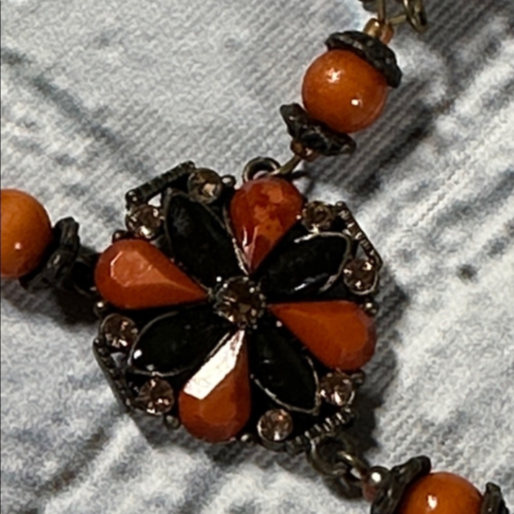 Elegant Burnt Orange Beaded Teardrop Statement Necklace 19” - Picture 8 of 10